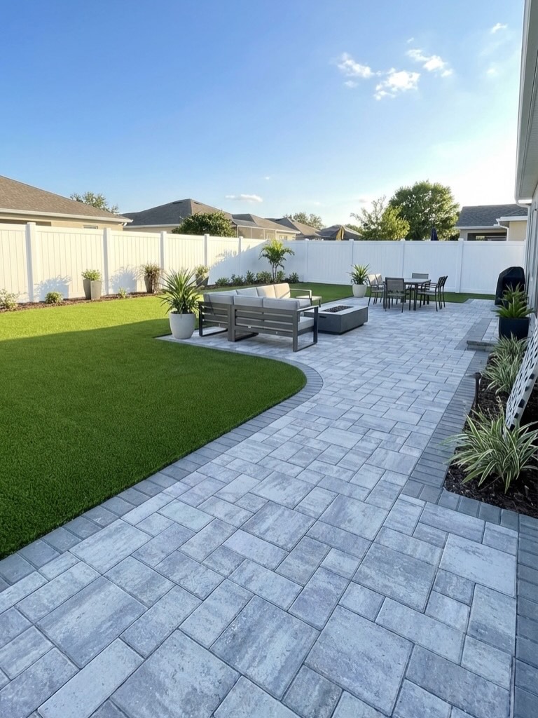 Paver patio with artificial grass and outdoor seating